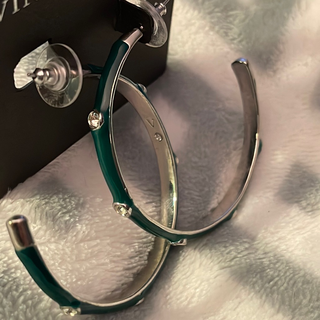 New Vince Camuto Teal Resin Crystal Hoop Earrings 20$